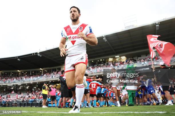 Ben Hunt of the Dragons runs on to the field during the round two NRL match between the St George Illawarra Dragons and the Gold Coast Titans at...