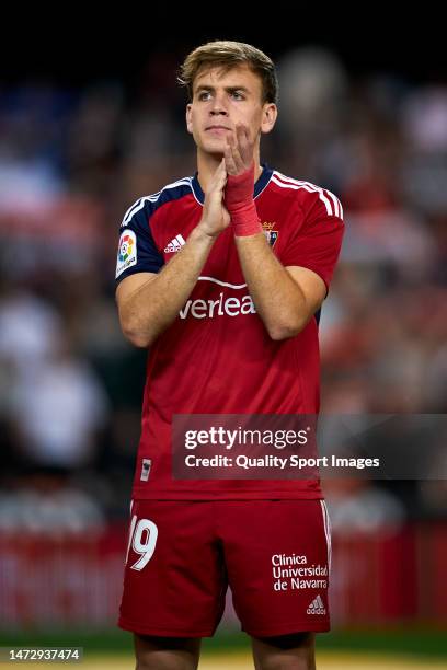 Pablo Ibanez of CA Osasuna looks on prior to the LaLiga Santander match between Valencia CF and CA Osasuna at Estadio Mestalla on March 11, 2023 in...