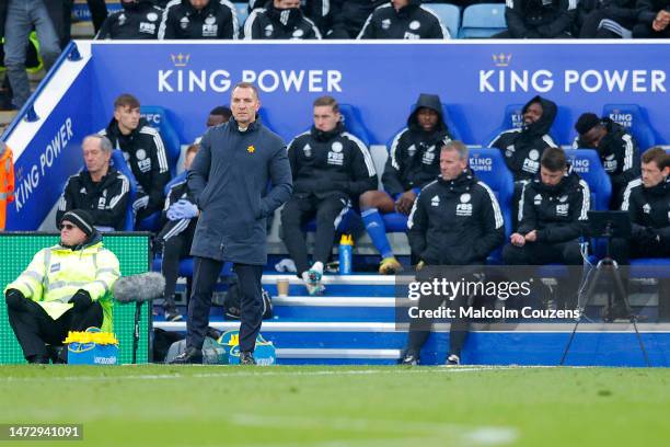 Leicester City manager Brendan Rodgers looks on during the Premier League match between Leicester City and Chelsea FC at The King Power Stadium on...