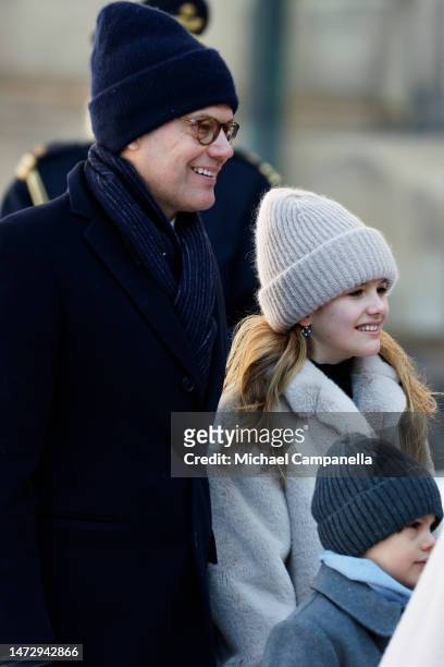 Prince Daniel of Sweden, Princess Estelle of Sweden and Prince Oscar of Sweden attend the Crown Princess' Name Day 2023 on March 12, 2023 in...