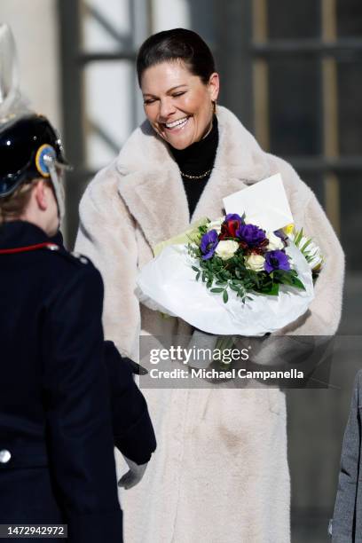 Crown Princess Victoria of Sweden attends the Crown Princess' Name Day 2023 on March 12, 2023 in Stockholm, Sweden.