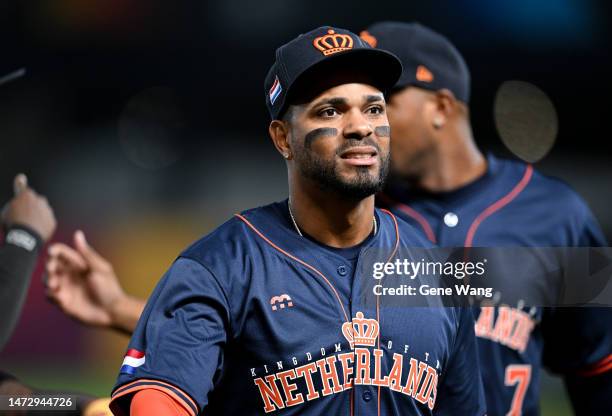 Xander Bogaerts of Team Netherlands looks on at the bottom of the 2nd inning during the World Baseball Classic Pool A game between Netherlands and...