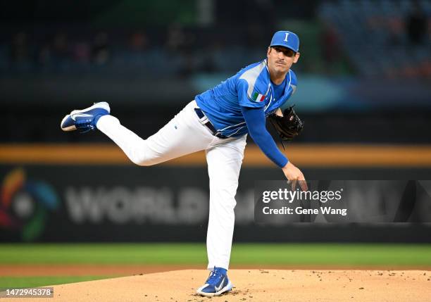 Matt Harvey of Team Italy pitches at the top of the first inning during the World Baseball Classic Pool A game between Netherlands and Italy at...