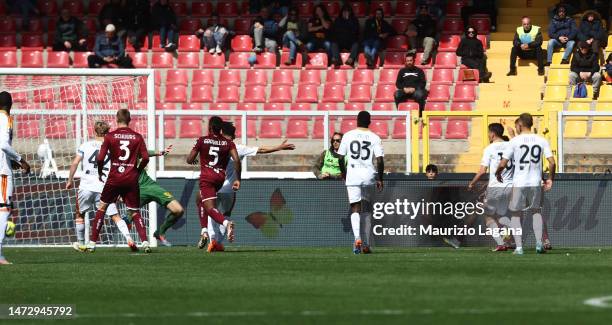 Wilfried Singo of Torino scores his team's first goal during the Serie A match between US Lecce and Torino FC at Stadio Via del Mare on March 12,...