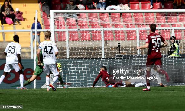 Antonio Sanabria of Torino scores his team's second goal during the Serie A match between US Lecce and Torino FC at Stadio Via del Mare on March 12,...