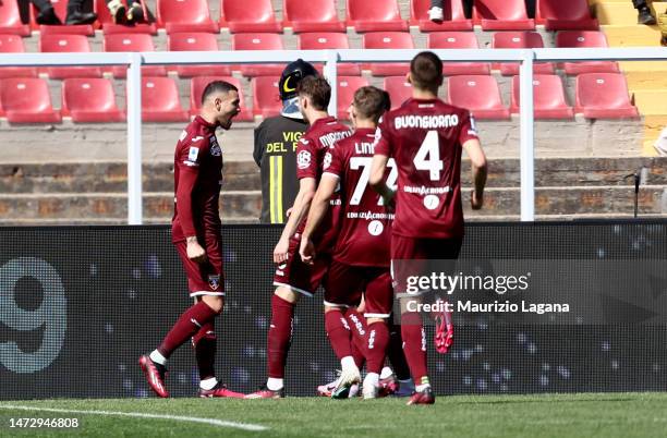 Antonio Sanabria of Torino celebrates his team's second goal during the Serie A match between US Lecce and Torino FC at Stadio Via del Mare on March...