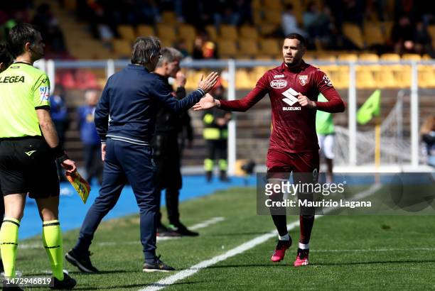 Antonio Sanabria of Torino celebrates his team's second goal during the Serie A match between US Lecce and Torino FC at Stadio Via del Mare on March...