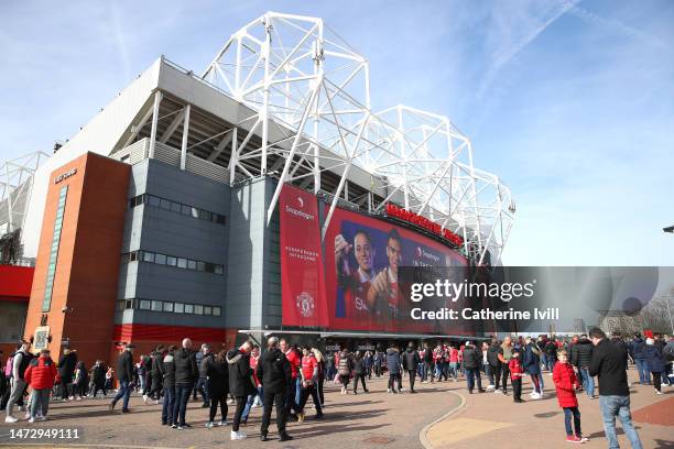 General view outside the stadium prior to the Premier League match between Manchester United and Southampton FC at Old Trafford on March 12, 2023 in...