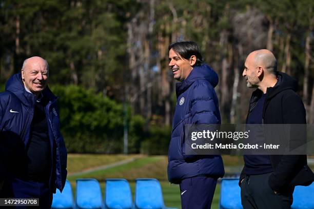 Sport CEO Giuseppe Marotta of FC Internazionale, Sport Director Piero Ausilio and Head Coach Simone Inzaghi of FC Internazionale during the FC...