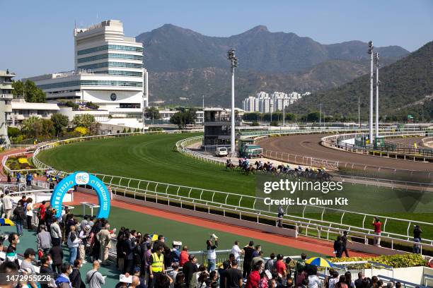 February 19 : Jockeys compete in the Race 2 TVB Tung Wah Celebrity Show Handicap at Sha Tin Racecourse during TVB Raceday on February 19, 2023 in...