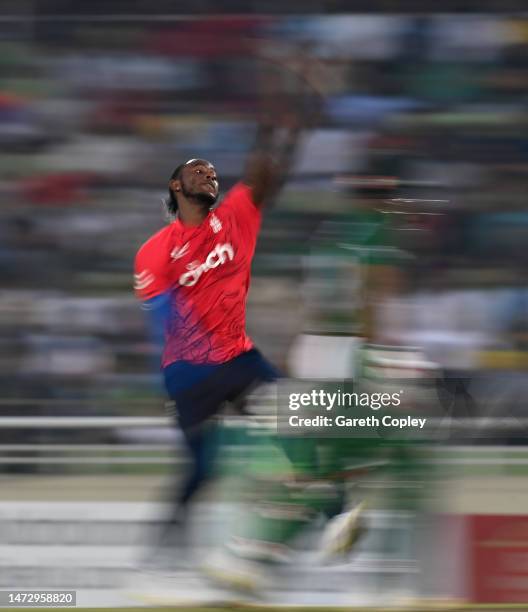 Jofra Archer of England bowls during the 2nd T20 International match between Bangladesh and England at Sher-e-Bangla National Cricket Stadium on...