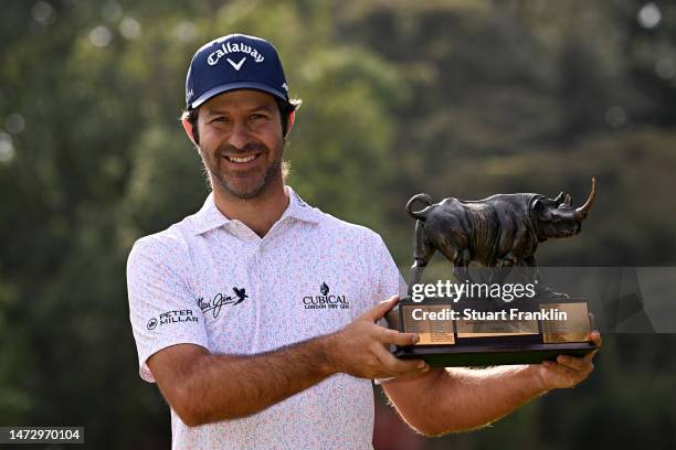 Jorge Campillo of Spain with the winners trophy after the final round of the Magical Kenya Open Presented by Absa at Muthaiga Golf Club on March 12,...