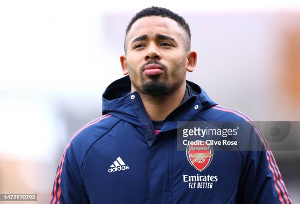 Gabriel Jesus of Arsenal looks on prior to the Premier League match between Fulham FC and Arsenal FC at Craven Cottage on March 12, 2023 in London,...