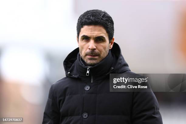 Mikel Arteta, Manager of Arsenal, looks on prior to the Premier League match between Fulham FC and Arsenal FC at Craven Cottage on March 12, 2023 in...