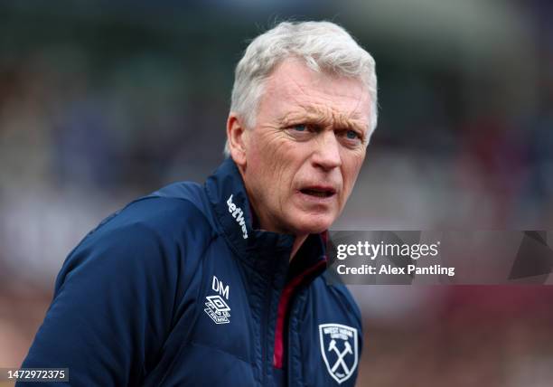 David Moyes, Manager of West Ham United, looks on prior to the Premier League match between West Ham United and Aston Villa at London Stadium on...