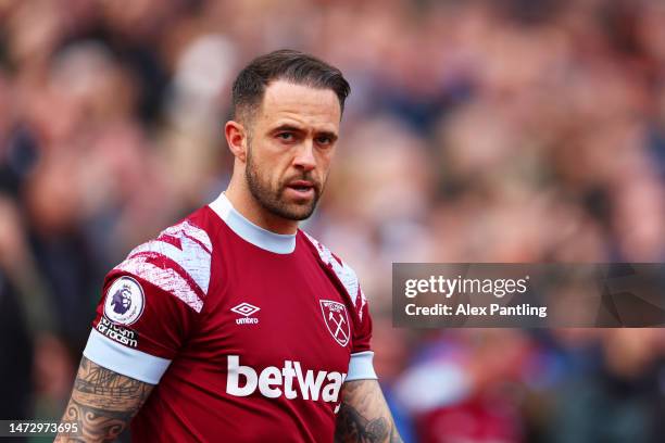 Danny Ings of West Ham United looks on during the Premier League match between West Ham United and Aston Villa at London Stadium on March 12, 2023 in...