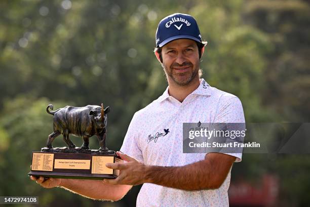 Jorge Campillo of Spain with the winners trophy after the final round of the Magical Kenya Open Presented by Absa at Muthaiga Golf Club on March 12,...