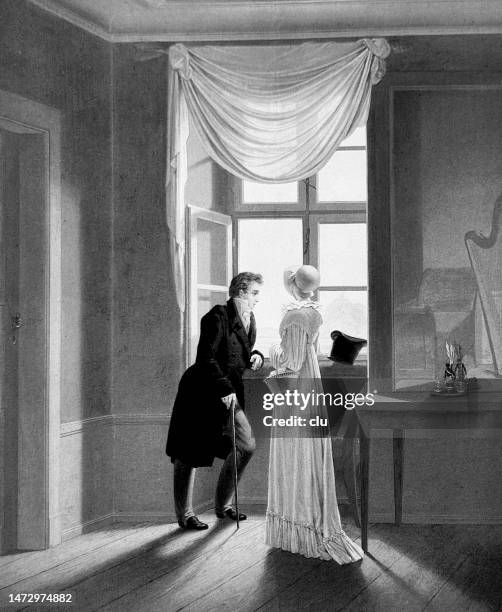 ilustrações, clipart, desenhos animados e ícones de jovem casal de pé na janela - 1890s dresses