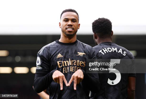 Gabriel of Arsenal celebrates after scoring the team's first goal during the Premier League match between Fulham FC and Arsenal FC at Craven Cottage...