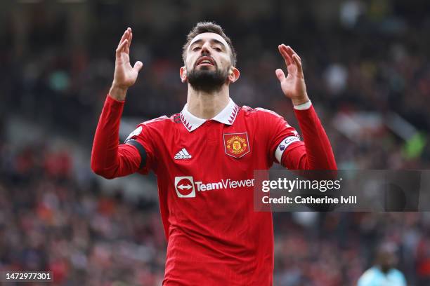 Bruno Fernandes of Manchester United reacts during the Premier League match between Manchester United and Southampton FC at Old Trafford on March 12,...