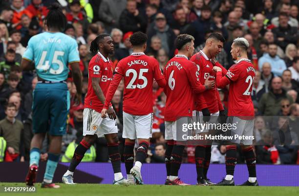 Casemiro of Manchester United reacts to being sent off during the Premier League match between Manchester United and Southampton FC at Old Trafford...