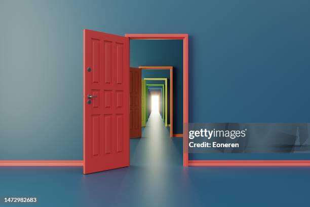choice concept with opening doors - abrir a porta sair imagens e fotografias de stock