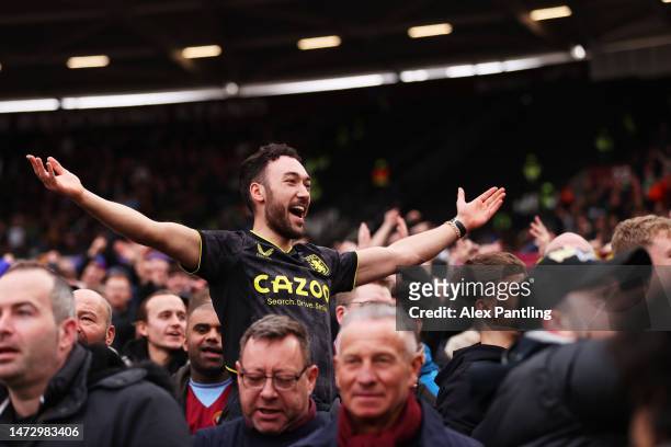 Aston Villa fans react during the Premier League match between West Ham United and Aston Villa at London Stadium on March 12, 2023 in London, England.