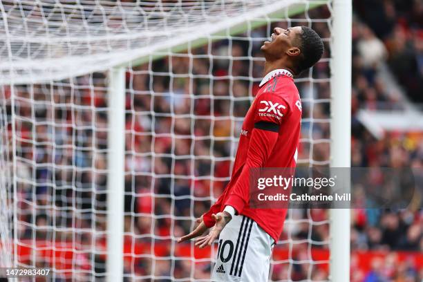 Marcus Rashford of Manchester United reacts after a missed chance during the Premier League match between Manchester United and Southampton FC at Old...