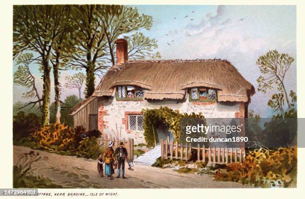 little jane's cottage, near brading, isle of wight, thatched roof house, 19th century victorian art - victorian house stock illustrations