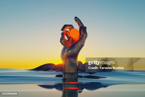 image of surrealist mirror hand hanging sun  5g cgi landscape sunset - surreal foto e immagini stock