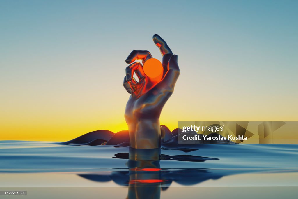 Image of surrealist mirror hand hanging sun 5g CGI landscape sunset