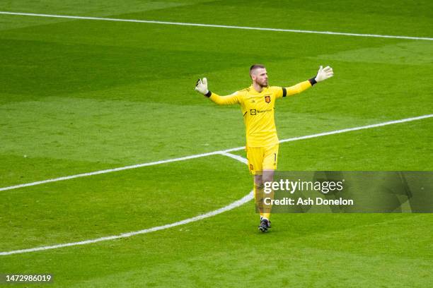 David de Gea of Manchester United in action during the Premier League match between Manchester United and Southampton FC at Old Trafford on March 12,...