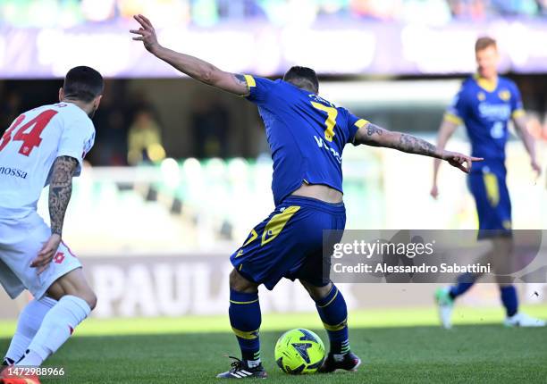 Simone Verdi of Hellas Verona scores the side's first goal during the Serie A match between Hellas Verona and AC Monza at Stadio Marcantonio...