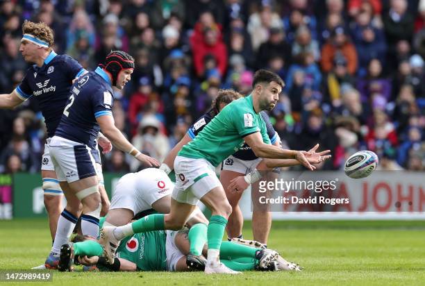 Conor Murray of Ireland passes the ball out of the ruck during the Six Nations Rugby match between Scotland and Ireland at Murrayfield Stadium on...
