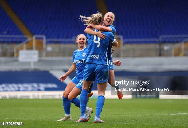 Louise Quinn of Birmingham City celebrates with teammates Olivia McLoughlin and Ashley Hodson of Birmingham City after scoring the team's second goal...