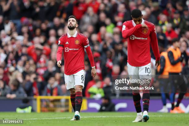 Bruno Fernandes of Manchester United reacts during the Premier League match between Manchester United and Southampton FC at Old Trafford on March 12,...