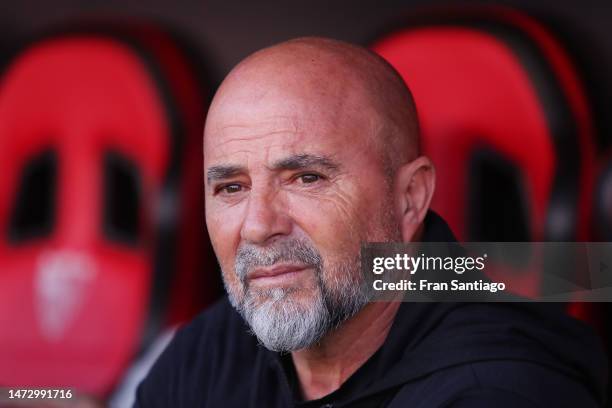 Jorge Sampaoli, Manager of Sevilla FC, looks on prior to the LaLiga Santander match between Sevilla FC and UD Almeria at Estadio Ramon Sanchez...