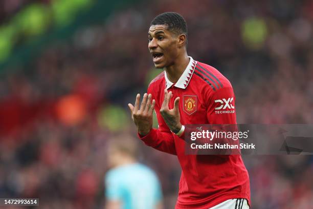Marcus Rashford of Manchester United reacts during the Premier League match between Manchester United and Southampton FC at Old Trafford on March 12,...