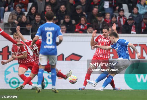 Angelo Stiller of TSG Hoffenheim scores the side's first goal during the Bundesliga match between Sport-Club Freiburg and TSG Hoffenheim at...