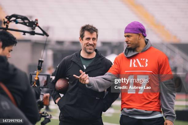 Quarterback Aaron Rodgers and former Packer teammate Equanimeous St. Brown at RX3 Celebrity Flag Football Charity Event at Saddleback College on...