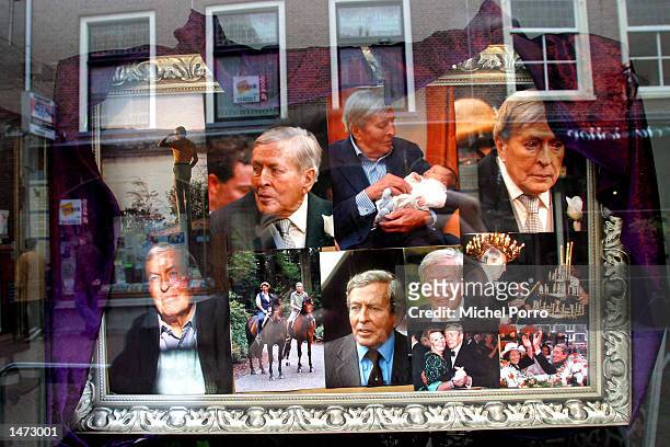 Shop window is shown decorated with portraits of Prince Claus October 13, 2002 in Delft, The Netherlands. Prince Claus, husband to Queen Beatrix,...