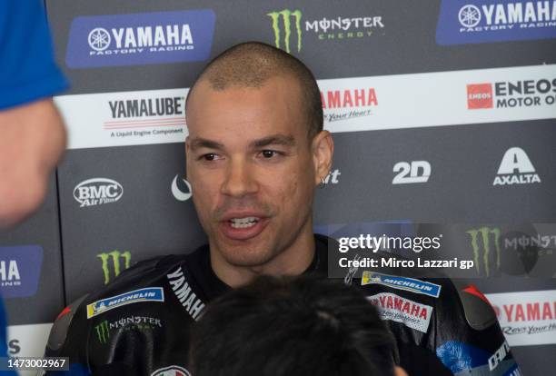 Franco Morbidelli of Italy and Monster Energy Yamaha MotoGP Team speaks in box during the Portimao MotoGP Official Test at Portimao Circuit on March...