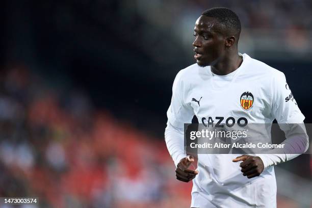 Mouctar Diakhaby of Valencia CF looks on during the LaLiga Santander match between Valencia CF and CA Osasuna at Estadio Mestalla on March 11, 2023...