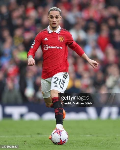 Antony of Manchester United runs with the ball during the Premier League match between Manchester United and Southampton FC at Old Trafford on March...