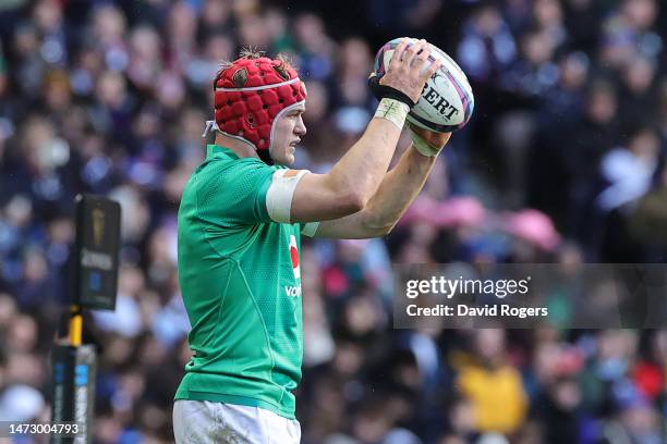 Josh van der Flier of Ireland prepares to throw the ball into the line-out during the Six Nations Rugby match between Scotland and Ireland at...