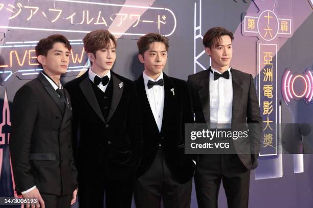 Singers Lokman Yeung, Anson Lo, Edan Lui and Stanley Yau of boy group Mirror arrive at the red carpet during the 16th Asian Film Awards at Hong Kong...