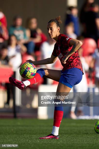 Virginia Torrecilla of Atletico de Madrid warms up prior to the Liga F match between Atletico de Madrid and Real Madrid at Wanda Sport Centre on...