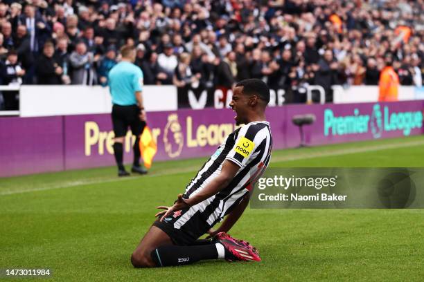 Alexander Isak of Newcastle United celebrates after scoring the team's first goal during the Premier League match between Newcastle United and...