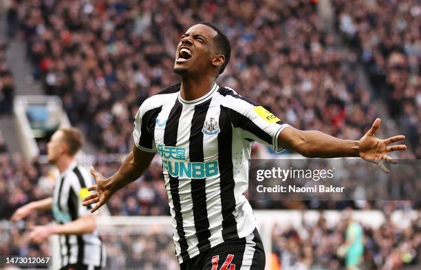 Alexander Isak of Newcastle United celebrates after scoring the team's first goal during the Premier League match between Newcastle United and...