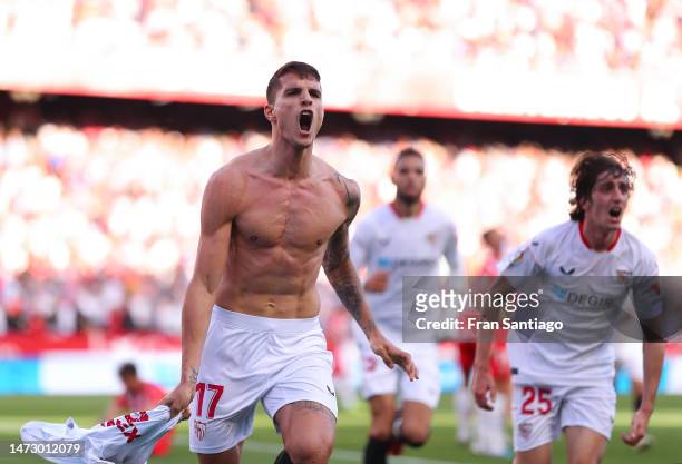 Erik Lamela of Sevilla FC celebrates after scoring the team's second goal during the LaLiga Santander match between Sevilla FC and UD Almeria at...